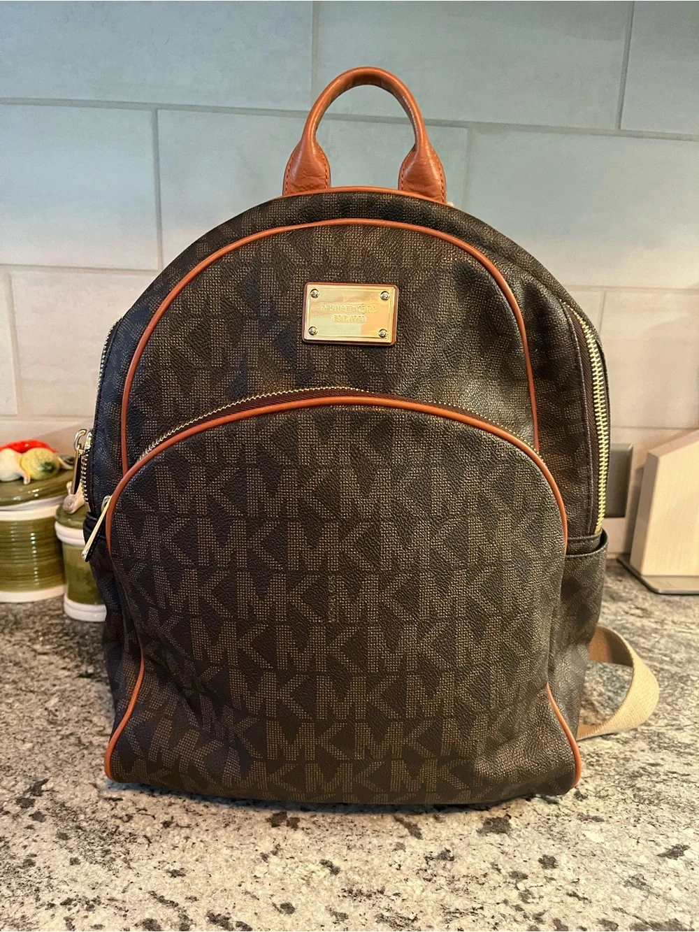 Michael Kors Large Zip-Pocket Backpack MK Brown Logo